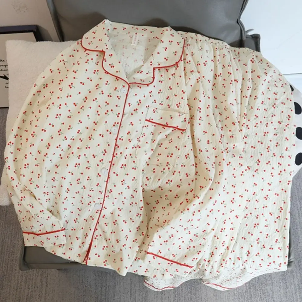 

Cute Ruffle Cherry Pajamas Women Loose Nightdress Sweet Pajamas Suit Lapel Two Piece Nightwear Summer Autumn