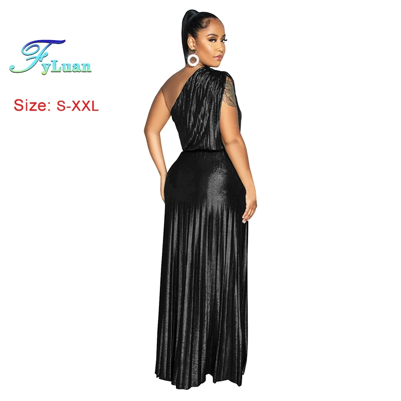 เดรสออกงานกลางคืนแฟชั่นใหม่สำหรับผู้หญิง ดีไซน์หรูหรา แต่งลายปั๊มร้อน ไหล่เฉียง แขนกุด สีพื้น เซ็กซี่ ชายระบายสวยงาม เหมาะสำหรับงานพรอม