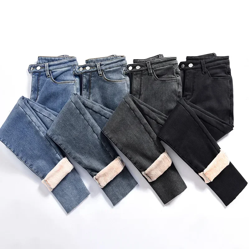 

Winter Warm Velvet Jeans Woman 2023 Elastic Casual Ladies Trousers Female Pantalon Denim Pants Y2K Jean Soft Leggings