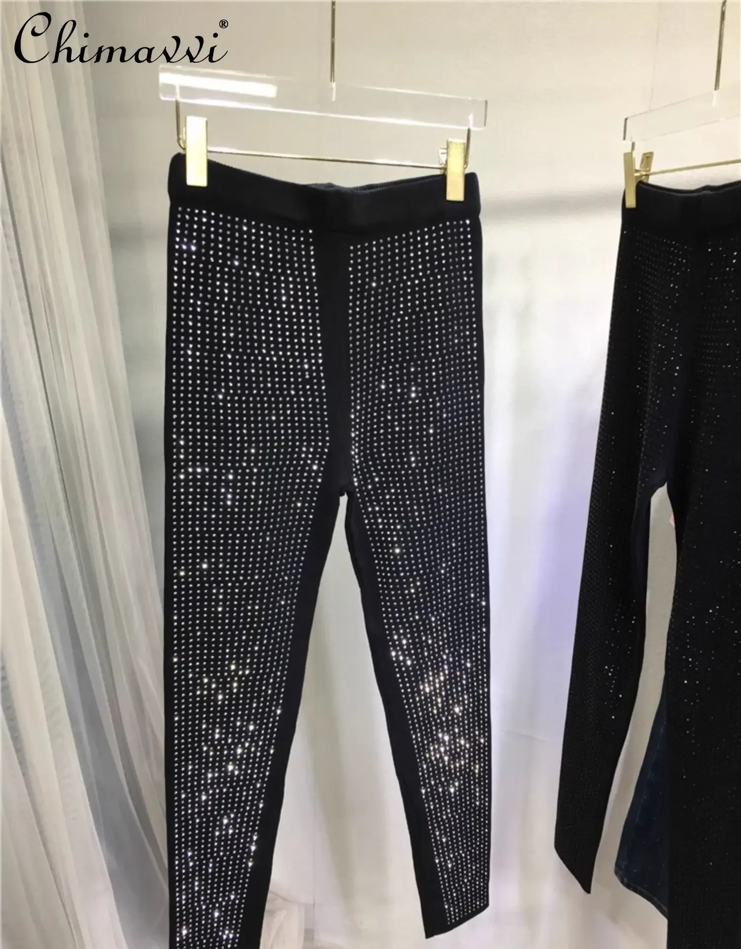 RapHot-Leggings européens en diamant pour femmes, pantalons taille haute, pantalons assiste noirs fins, taille élastique, mode automne et hiver