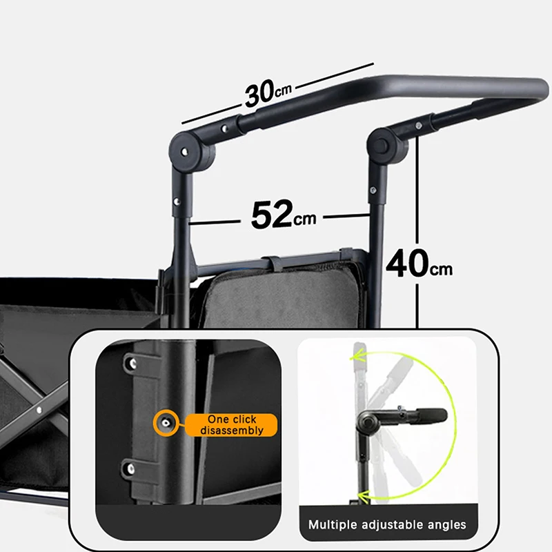 عربة قابلة للطي بمقبض دفع معدات عربة عربة سوداء خفيفة الوزن وقابلة للتمديد ملحقات مقبض عربة للتخييم