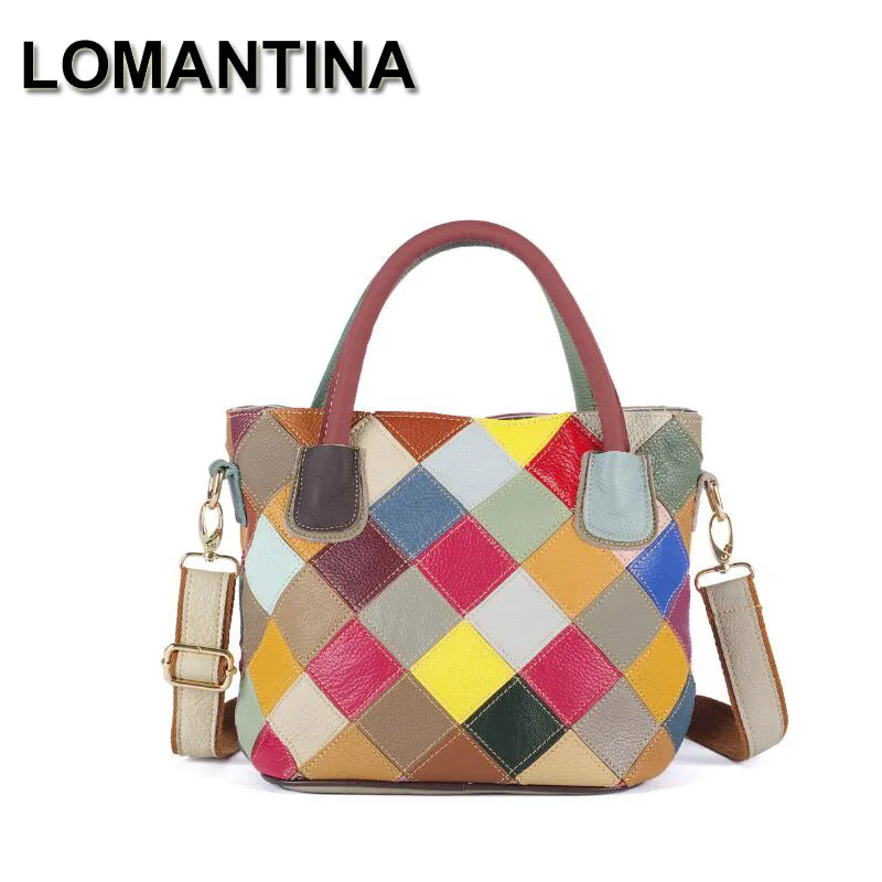 

LOMANTINA Girls Colorful Plaid Genuine Leather Patchwork Women Shoulder Bags Purse Cow Leather Elegant Portable Tote Bucket Bag