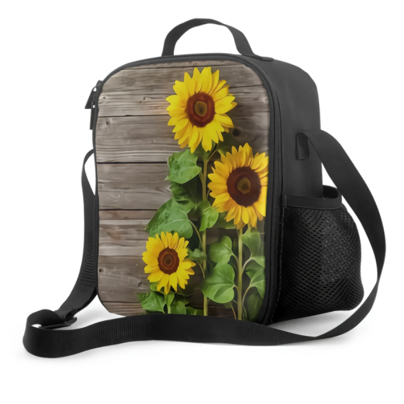 Yellow Sunflower on Rustic Wooden Insulated Lunch Box Leakproof Portable Lunch Bag Reusable Cooler Tote Bag for Picnic Office