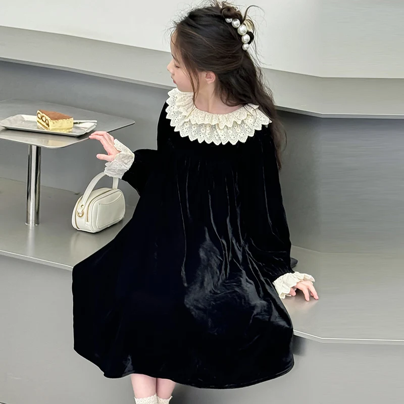 New Children's Long Dress Girls Princess Velvet Lace Dress Long Sleeve Child Vestido Party Birthday Xmas New Year Clothes 5-14Y