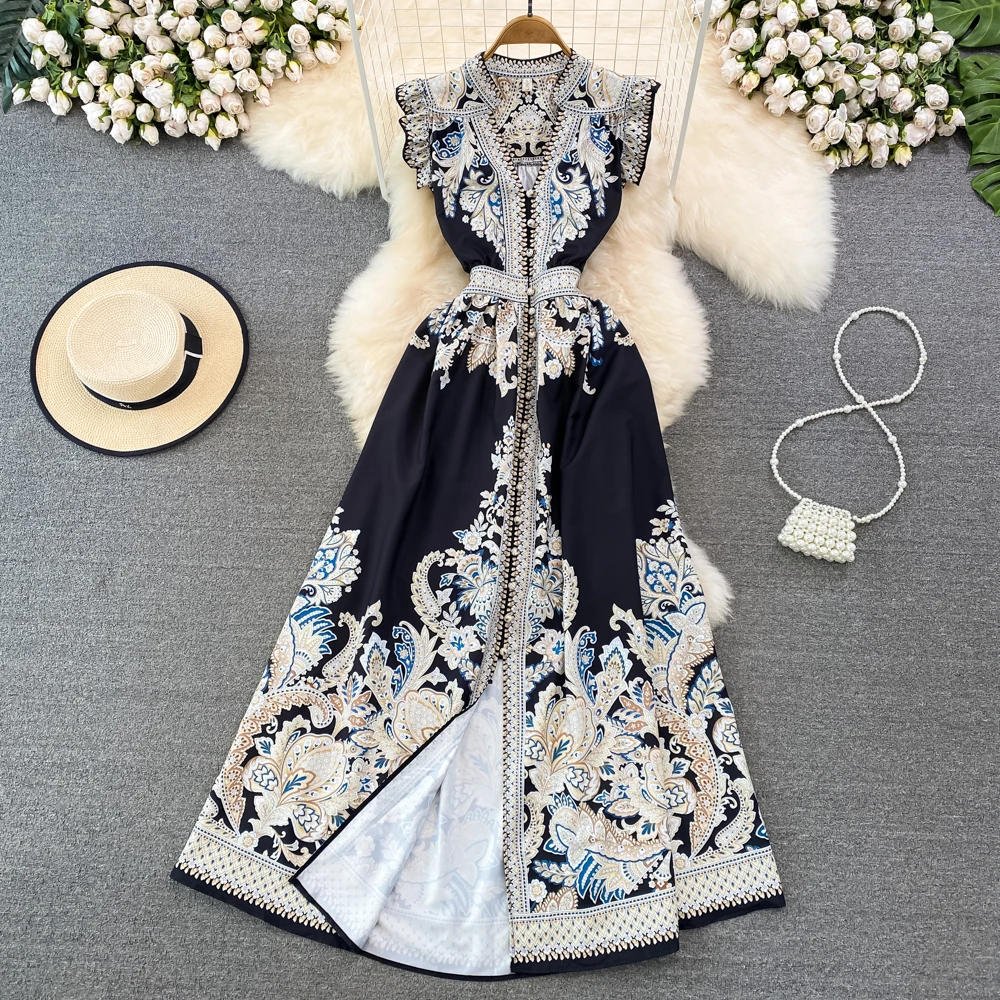 Summer Elegant Women's Long Dresses Sexy V-neck Sleeveless Ruffles Vintage Luxury Floral Print Party Maxi Dress Female Vestidos