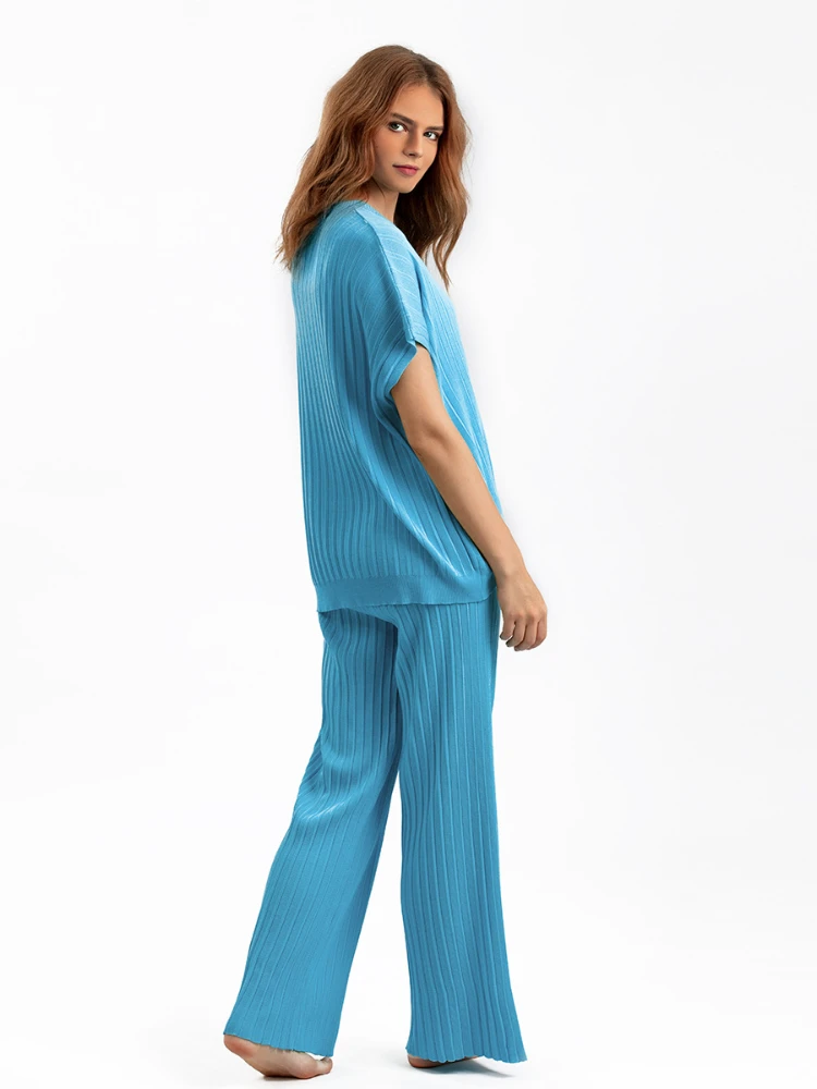 Pant Sets Oversized Short Sleeve V-neck Loose Solid Color Top Pleated Wide-leg Pants Knitted Two Piece Sets Womens Outifits