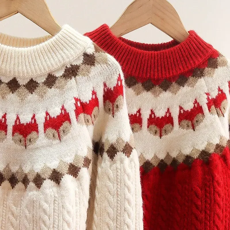 Girls' twist sweater 4-12Y children's retro shag sweater knitted sweater baby cartoon bear head autumn and winter sweater