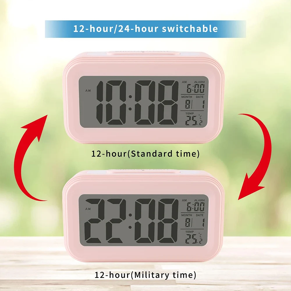 Digital Alarm Clock with Indoor Temperature Light Sensor Battery Operated Backlight 12/24H Display for Bedrooms Office Desk