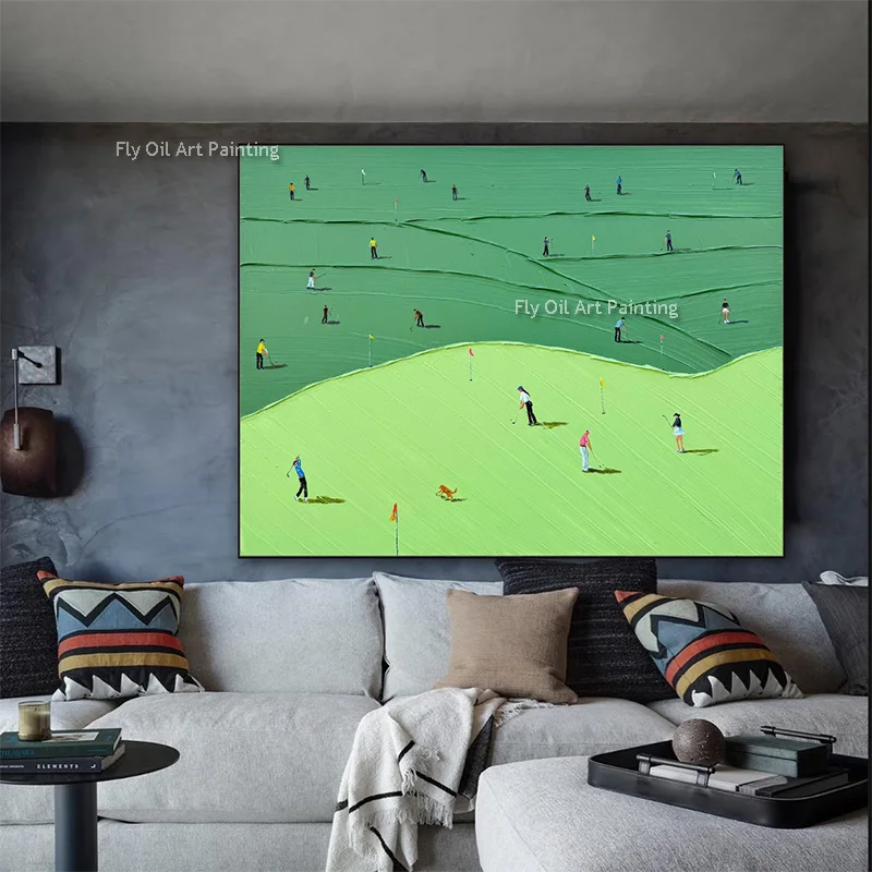 Fashion Green People Playing Golf Canvas Thick Home Wall Decor Items Hand Drawn Blue Grey Knife Thick Oil Painting For Home