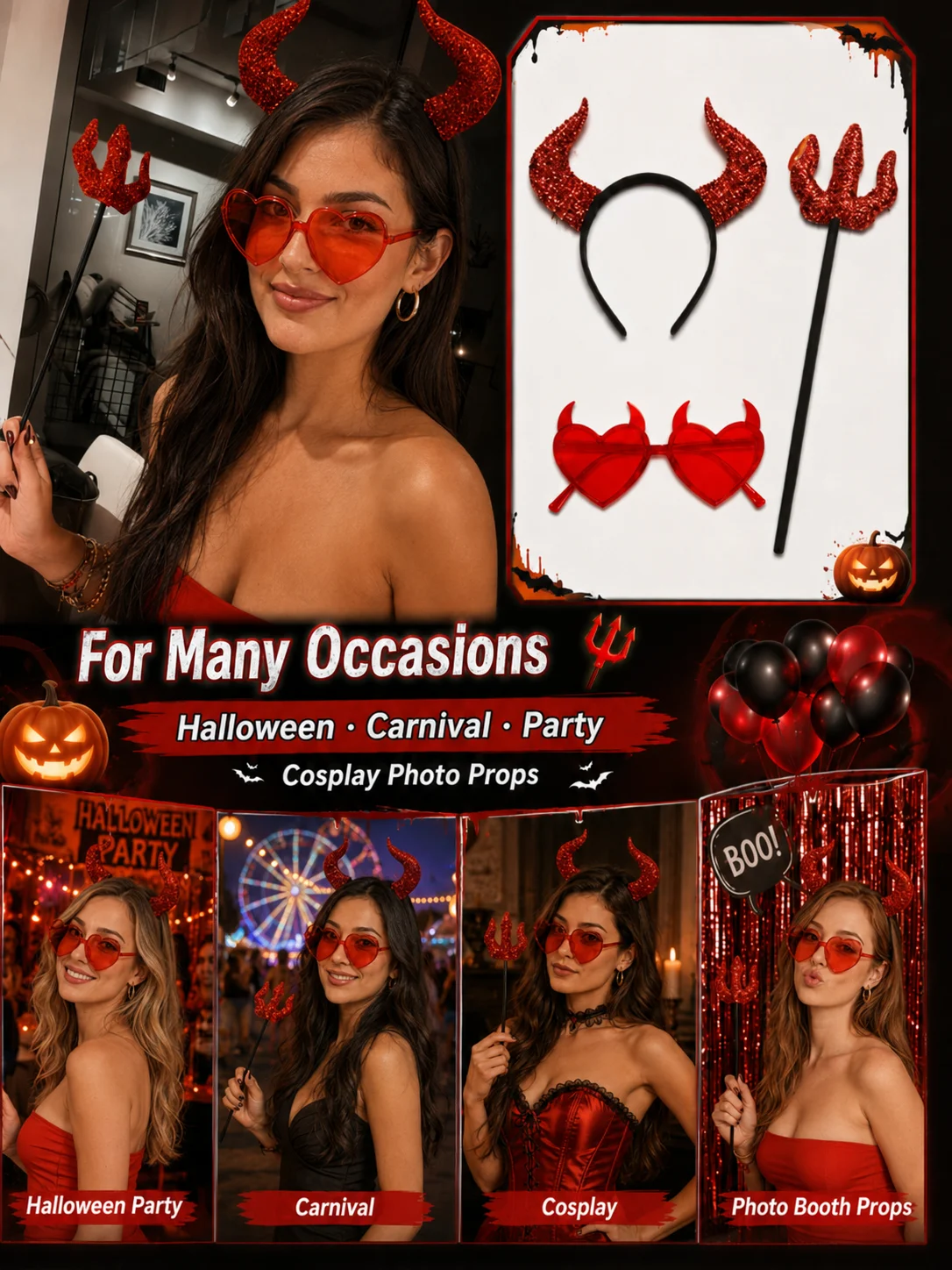 Red Devil Costume Accessories Set Halloween Horn Headband Trident Wand Heart Glasses Party Carnival Cosplay Props