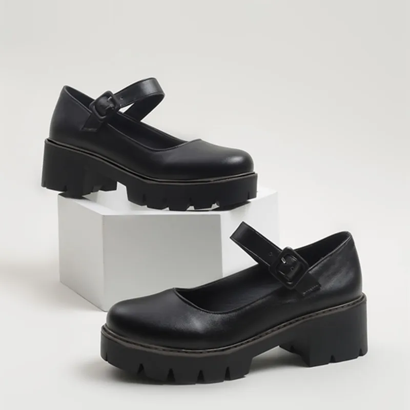 SIMLOVEYO New Design Female Pumps Round Toe Block Heels Platform Buckle Strap Plus Size 41 42 43 Girls Leisure Mary Janes Shoes