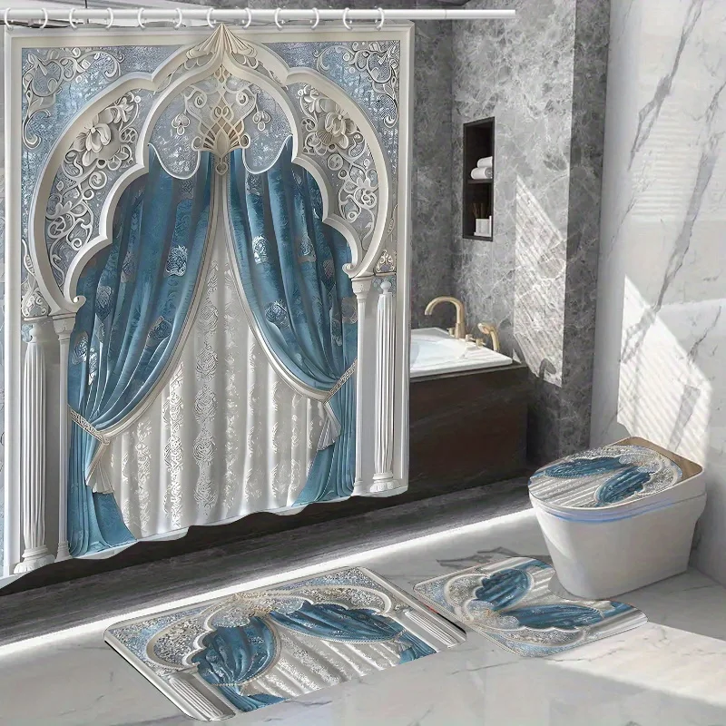 4PCs home decor waterproof shower curtain sets with 12 hooks toilet seat cover bathroom mat non-slip rug carpet polyester fa