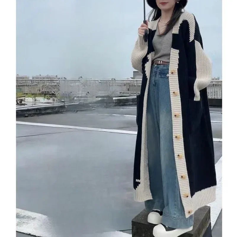 

Кардиган Y2K, повседневная уличная одежда, свитер большого размера, длинная верхняя одежда, осень-зима, женская корейская мода, контрастный цвет, шикарный вязаный