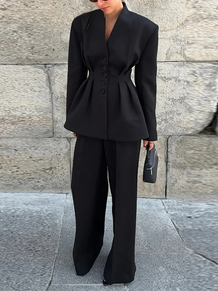 

Новый повседневный костюм 2026: Жакет с подплечниками и широкими брюками на резинке для женщин