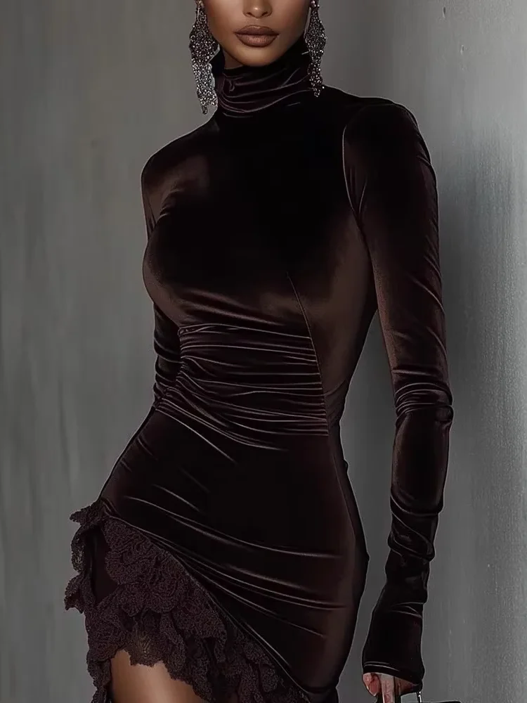 

Women Vintage Lace Patchwork Velvet Dress Elegant Solid High Collar Long-sleeved Waist Cinching Slim Dresses Lady Party Gown