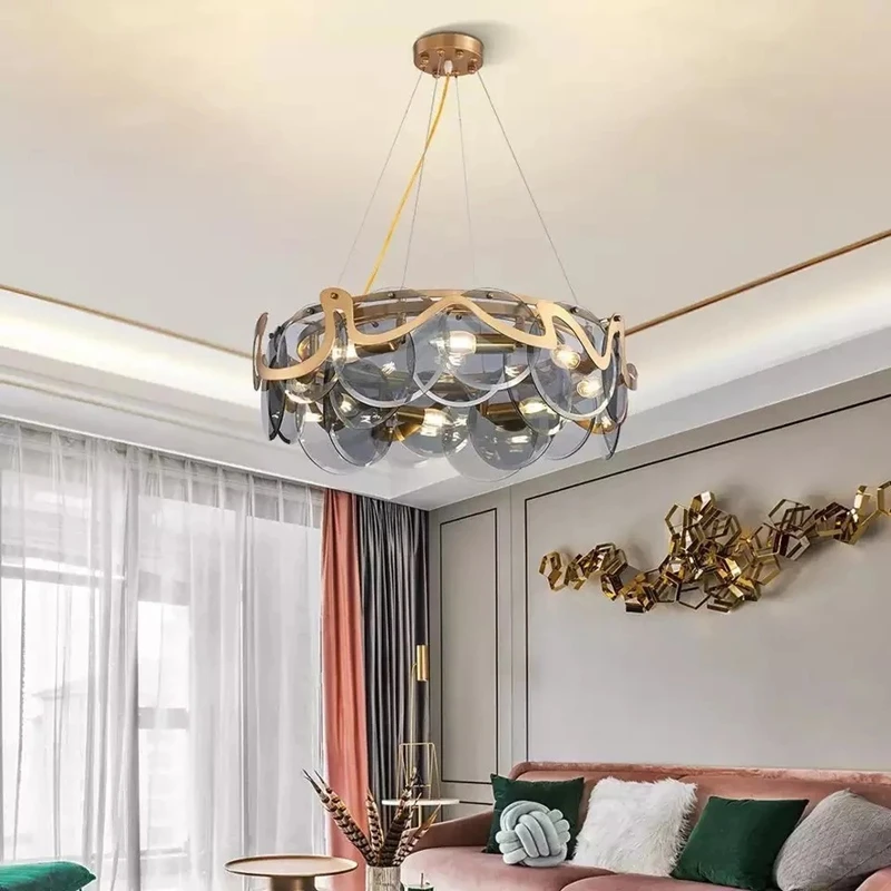 

Nordic Post-Modern Light Luxury Smoke Grey Glass Ceiling Chandelier For Bedroom Dining Room Kitchen Hotel Pendant Lamp