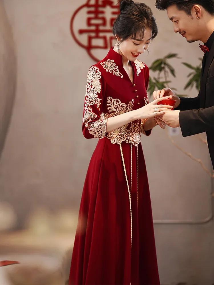 Chinese Style Bridal Toasting Cheongsam Dress Wind Red Traditional Qipao Dress Vintage Wedding Elegant Evening Party Dresses