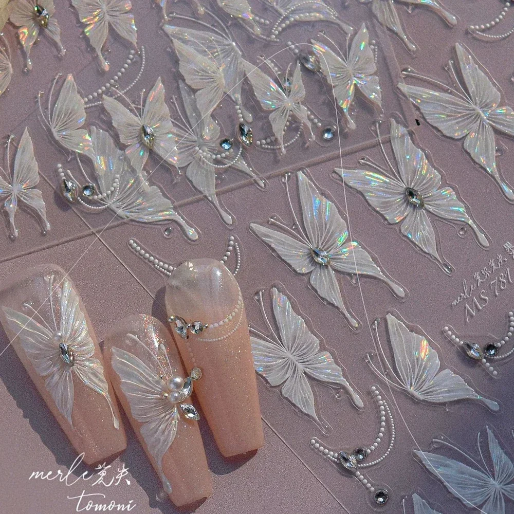 Pink White Butterfly Flower Peach Blossom Gradient Chic Petal 5D Star Soft Adhesive Nail Art Stickers Decorations Manicure Decal