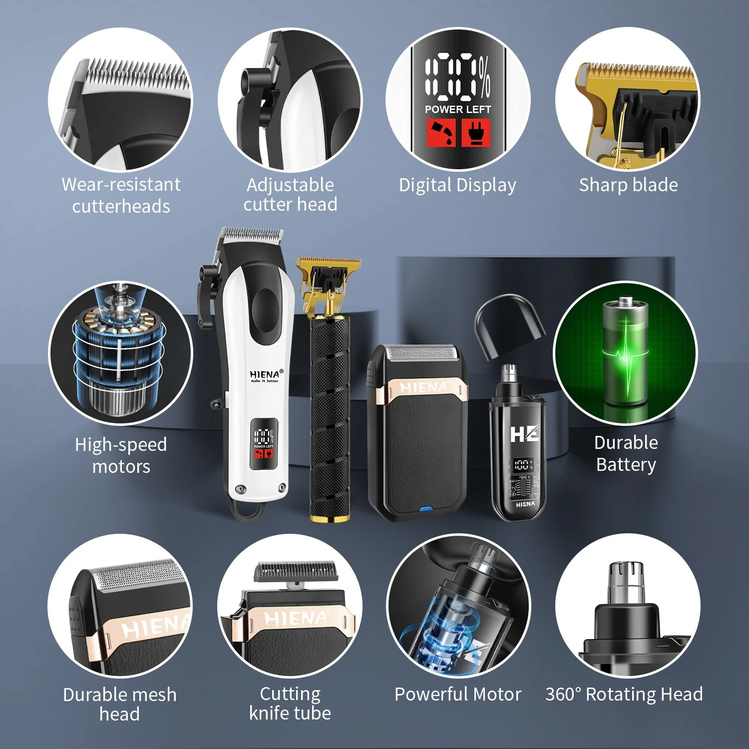 HIENA قص الشعر عدة قابلة للشحن اللاسلكي الشعر أداة تهذيب اللحية المهنية LED عرض آلة قطع الشعر 2025 هدية الكريسماس