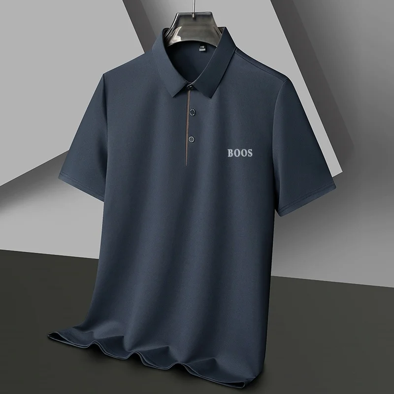 Freizeit-Herren-Kurzarm-Poloshirt mit Revers-Knopfleiste, Einfarbig mit Schriftzug, Bequemes Atmungsaktives Trendiges Herren-T-Shirt – Detail 6