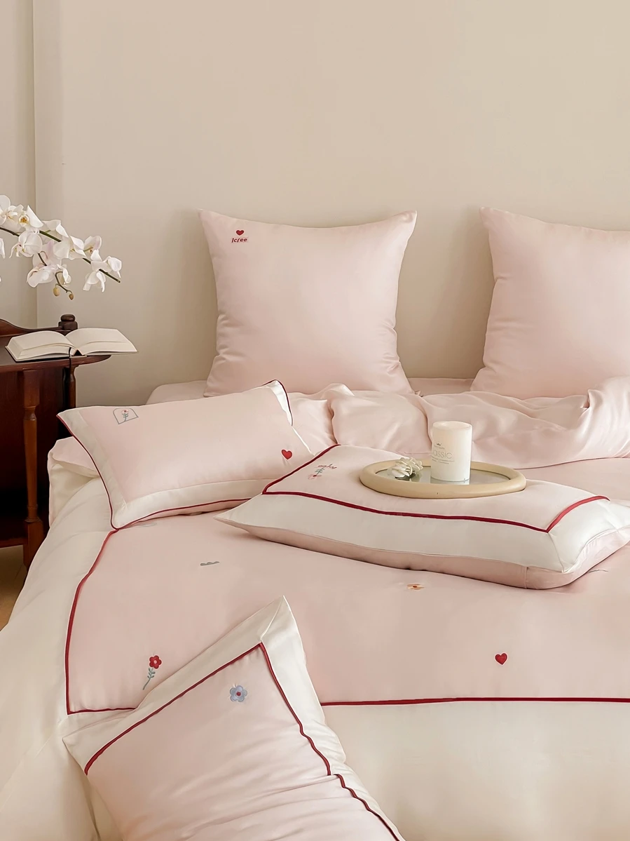 K60 Lenzing Tencel four-piece set of girl's heart, fresh embroidery, summer ice silky smooth and cool quilt cover, bed sheet