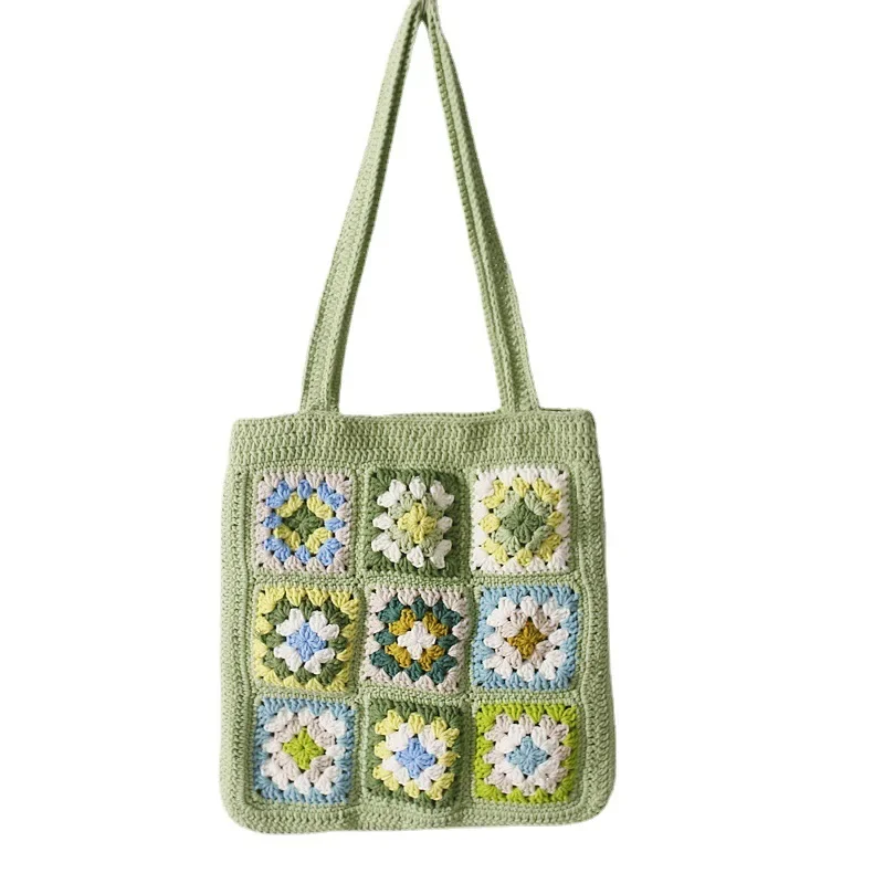 Creatieve handgeweven grootmoeder vierkante damesschoudertas bruine bloem patchwork tas, garenhaak geweven afgewerkte tas