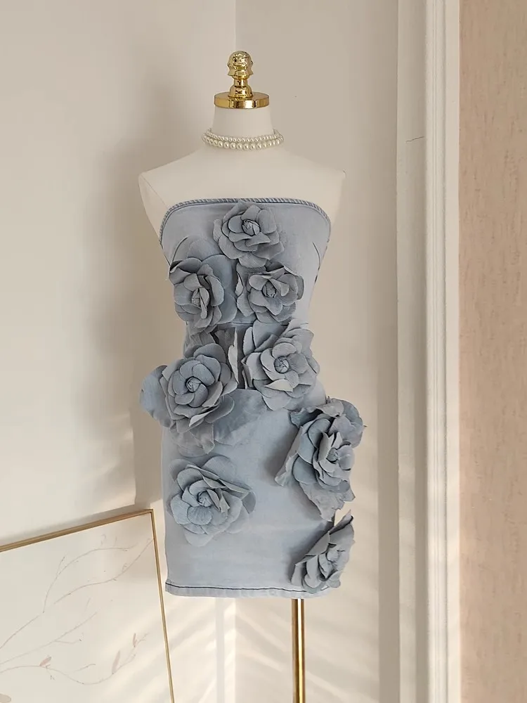 

French Elegant Solid 3D Appliques Flower Patchwork Slimming Dress For Women Slash Neck Sleeveless Tunic Vestidos Female Clothing