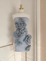 French Elegant Solid 3D Appliques Flower Patchwork Slimming Dress For Women Slash Neck Sleeveless Tunic Vestidos Female Clothing