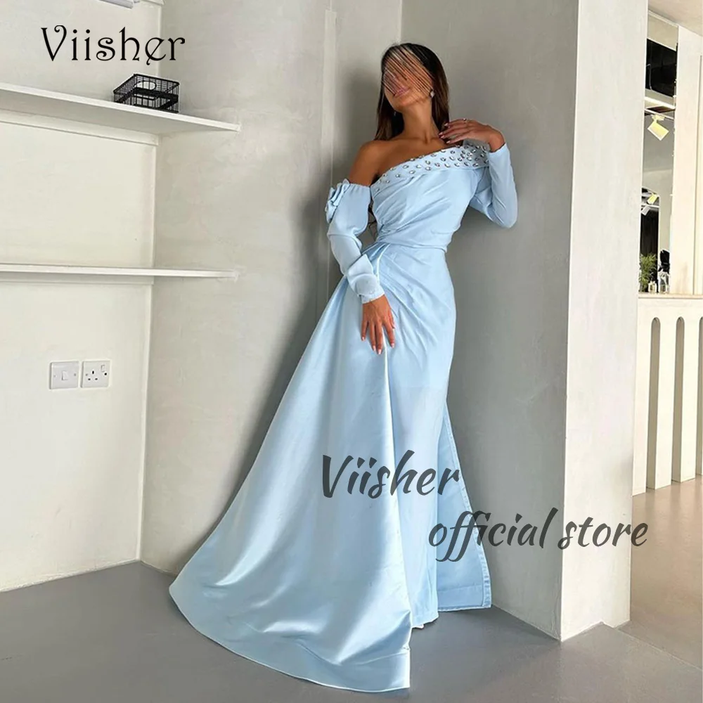 

Viisher Blue Satin Mermaid Evening Dresses One Shoulder with Crystal Dubai Arabic Prom Party Dress with Train Celebrate Dresses