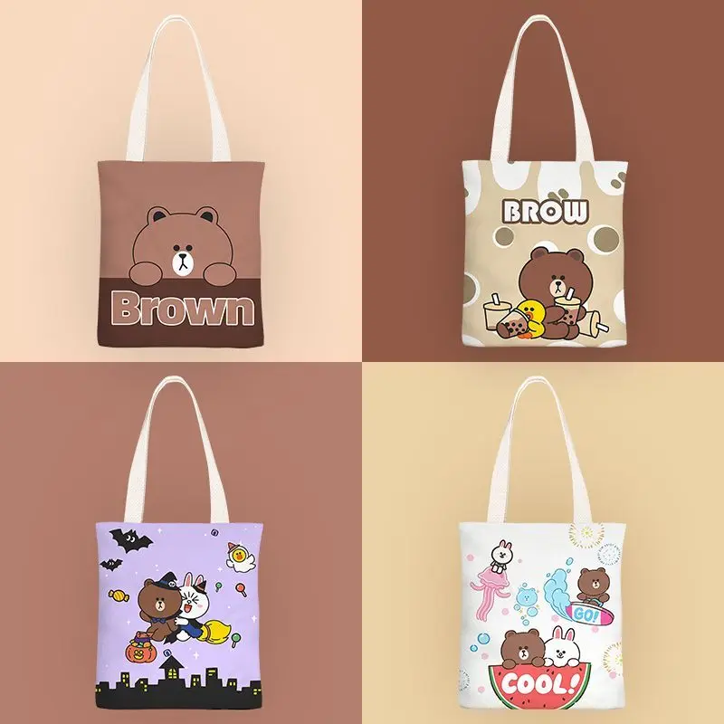 

LINE FRIENDS Brown cartoon cute student canvas bag kawaii for boys and girls home portable storage bag shopping bag wholesale