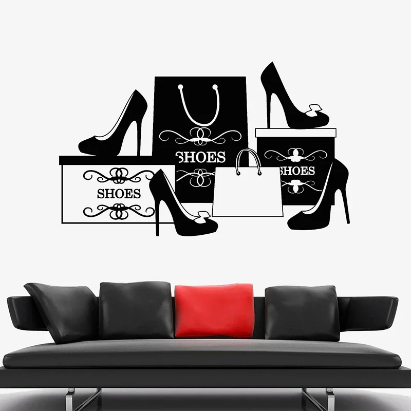 Vinyl Wall Decal Fashion Shoes Stiletto Store Shopping Wall Stickers Shoe shop Window Decoration Removable Art Wallpaper C041