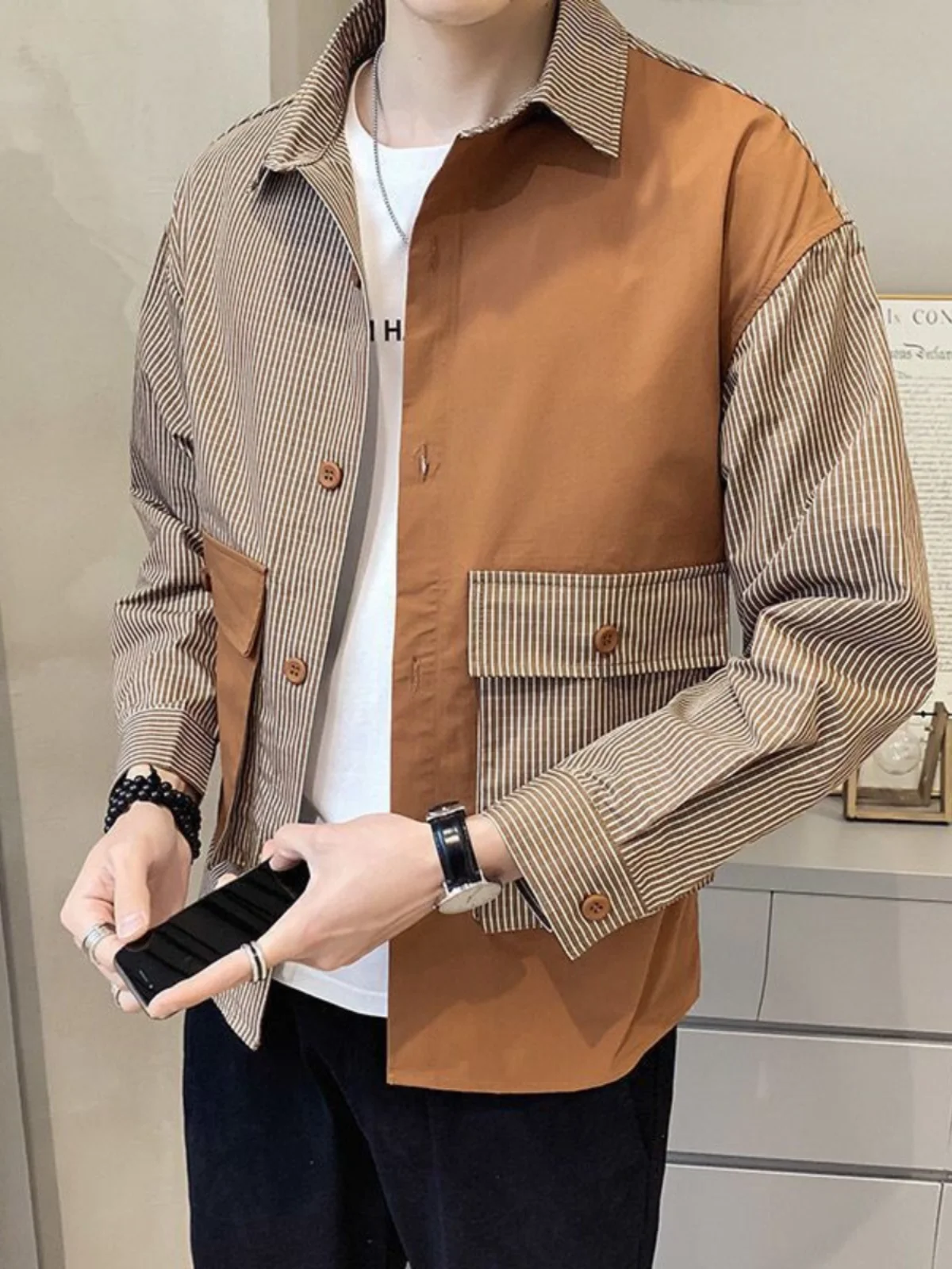 

Мужская удлиненная рубашка-жилетка в полоску, повседневная, осенняя, модная, брендовая, с воротником, удобная, дышащая, для ношения под одеждой