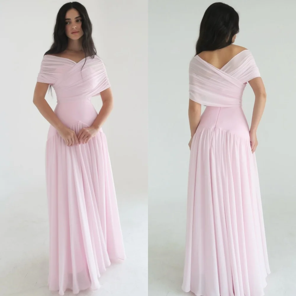 

Customized Elegant Simple Chiffon Pleat Straight Off-the-shoulder Long Dresses Bespoke Occasion Dresses Sizes Available Matching