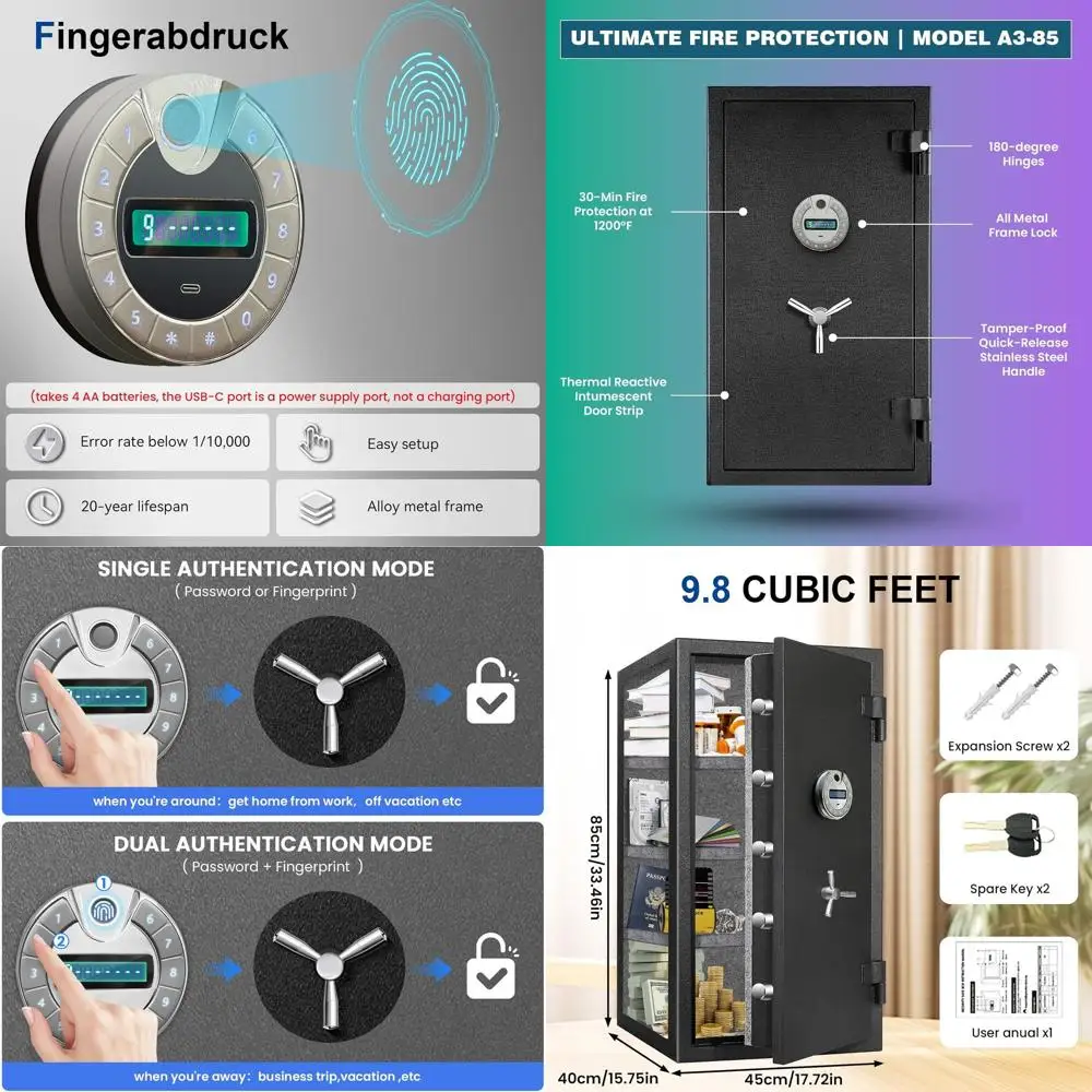 

Сейф биометрический сверхбольшой (9,8 куб. футов / 124 л) для дома или офиса, усиленный, выдерживает нагрузку до 56 кг, для документов и деловых ценностей