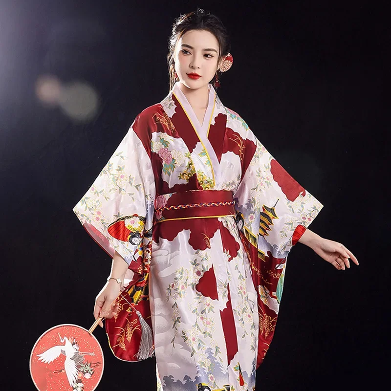 

Sexy Yukata with Obi Cosplay Costume Women's Elegants Japanese Kimono National Novelty Evening Dress Printed Flower Geisha Gown