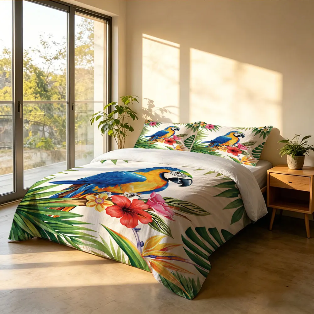 3pcs Tropical Rainforest Parrot Printed Quilt Set Soft Core Free 1 Quilt Set 2 Pillowcase Bedding Machine Washable Decoration