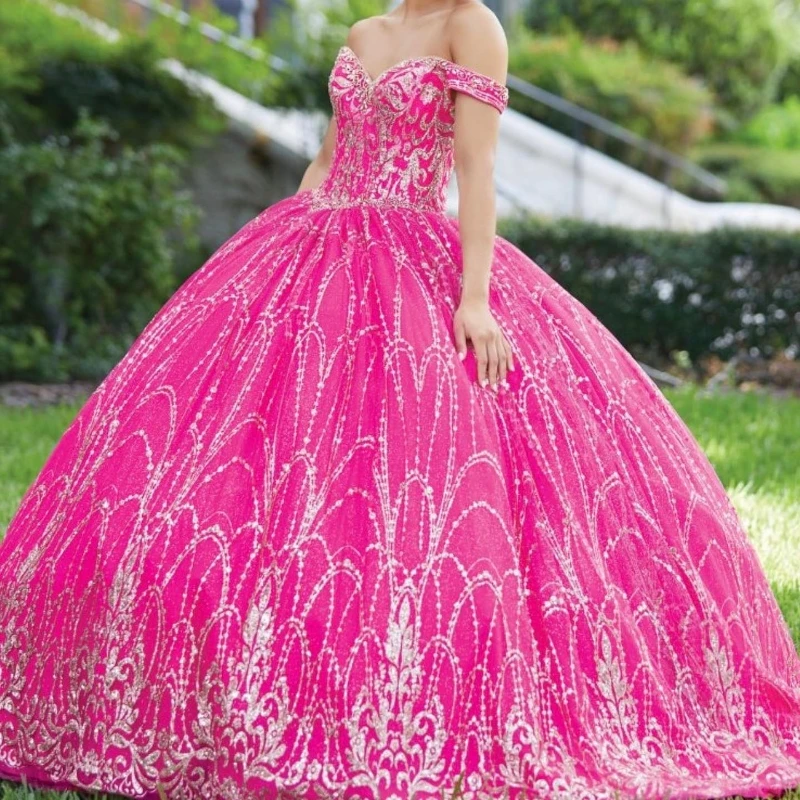 

Rose Red Sparkly Crystal Quinceanera Dresses Ball Gown Off The Shoulder Beading Sweet Vestidos De 15 Girls