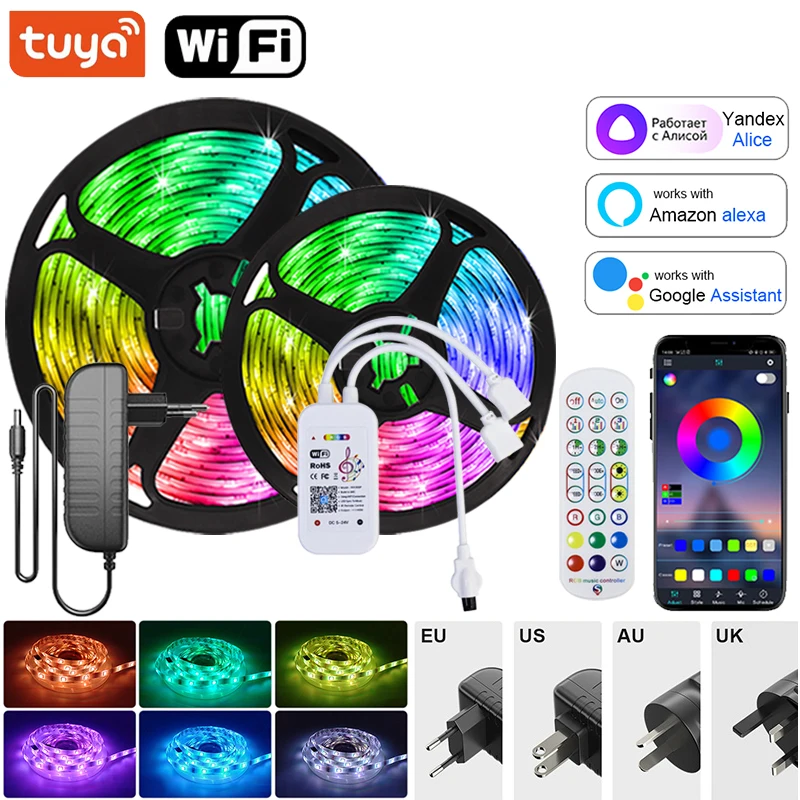 RGB LED Strip Lights para decoração do quarto, 5050, Wi-Fi, Alexa, fita, 220V, tiras de néon, música Sync, Bluetooth, decoração do quarto, 30m