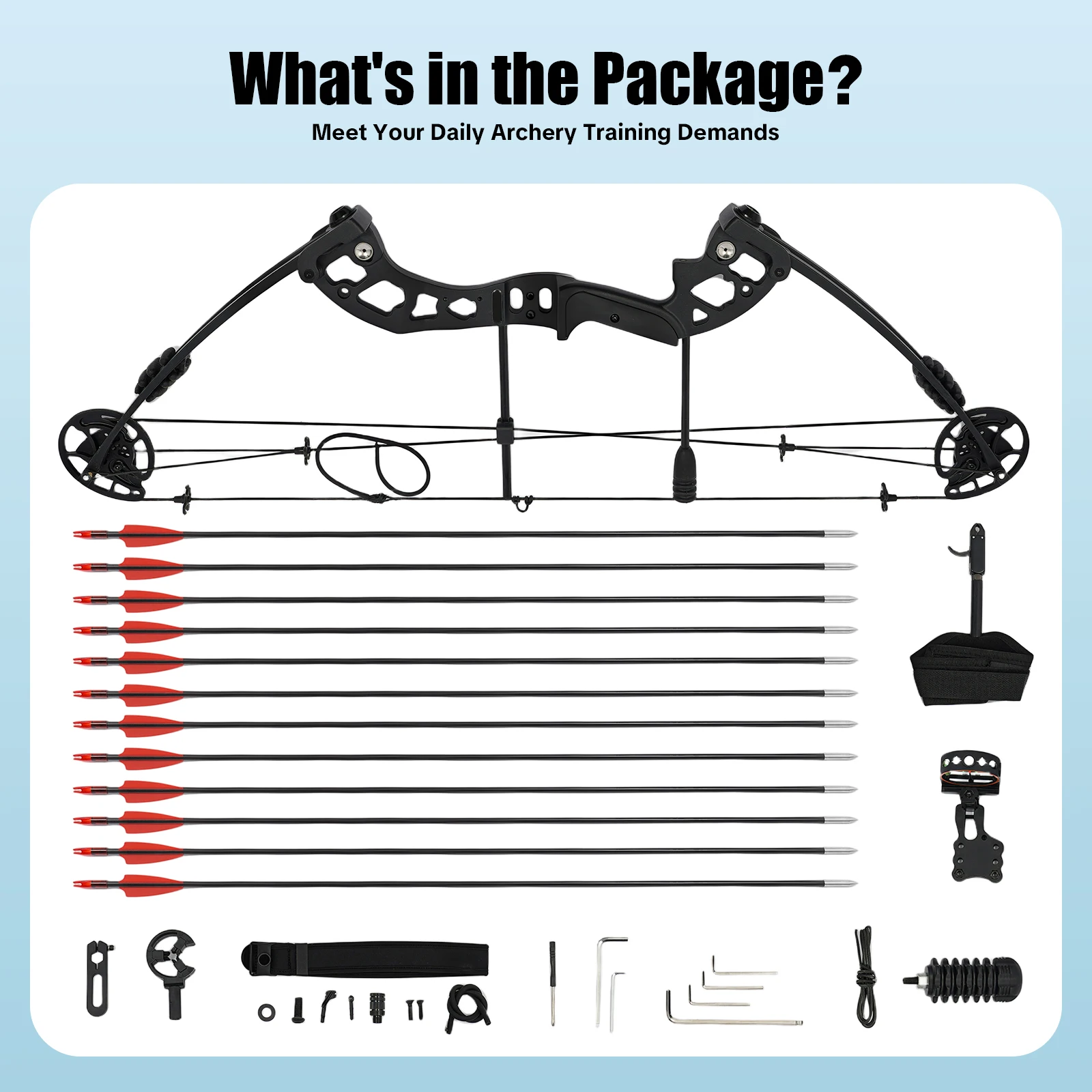 

Складной лук для взрослых для правой руки с 12-стрелами и охотничьим комплектом. Масает вес и камеры. Полностью регулируется для охотничьих тренировок.
