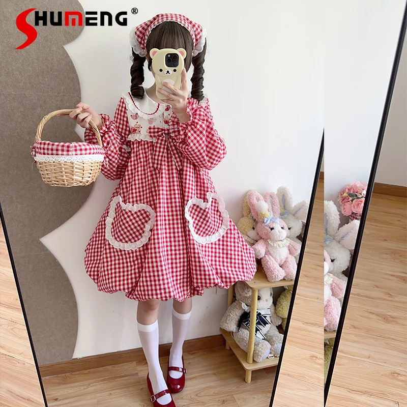 

Japanese Soft Girls Kawaii Lolita Plaid Long Sleeve Dress OP Autumn New Women's Daily Birthday Dress Y2K Mini Flower Bud Dress