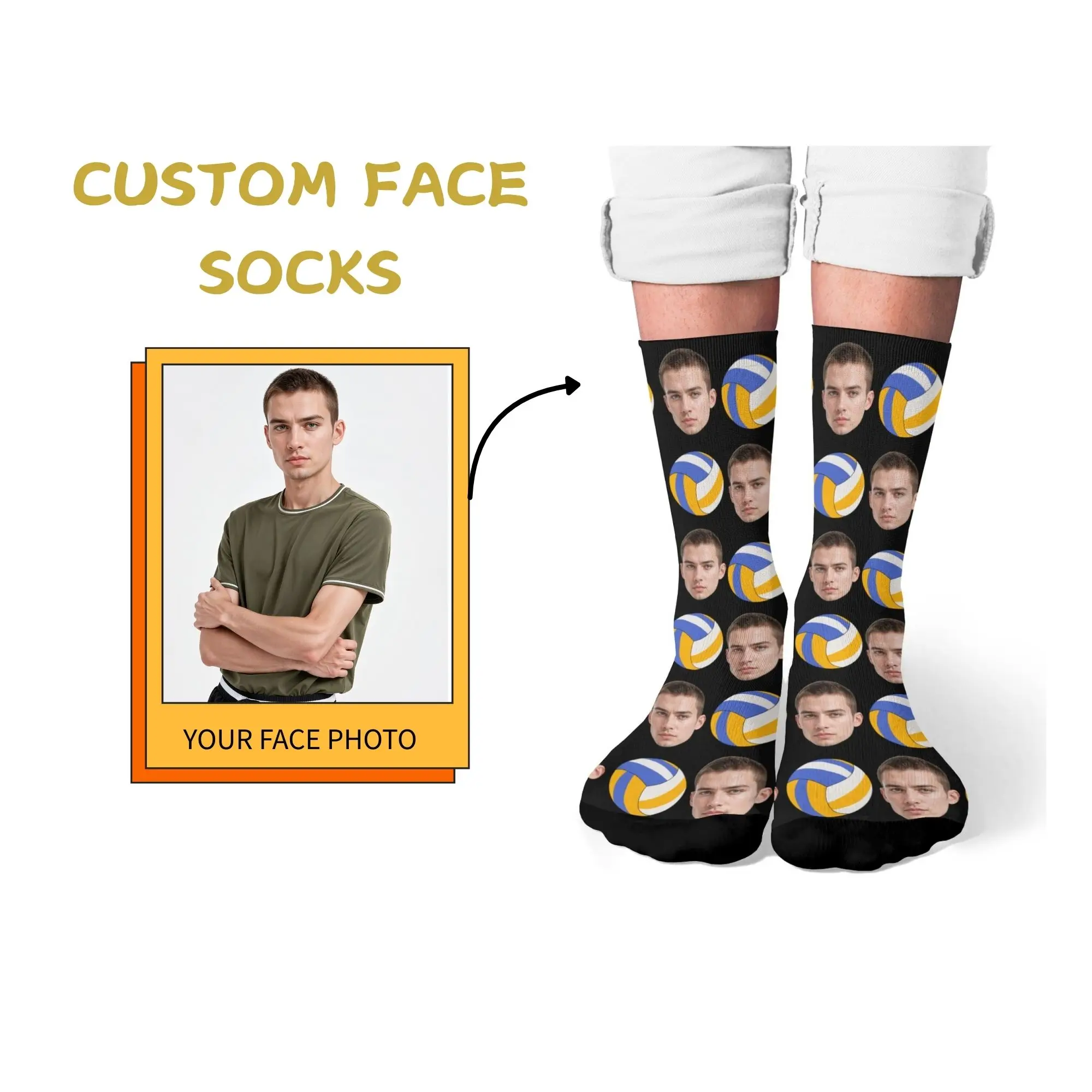 

Volleyball Fan Custom Face Socks Black Background with Sporty Volleyball Pattern Print Unique Personalized Youthful Memory Gift