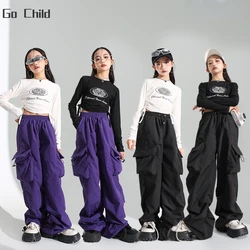 Girls Hip Hop Crop Top Loose Cargo Pants Clothes Sets Children Street Dance Solid Sweatshirt Kids Streetwear Jazz Stage Costumes