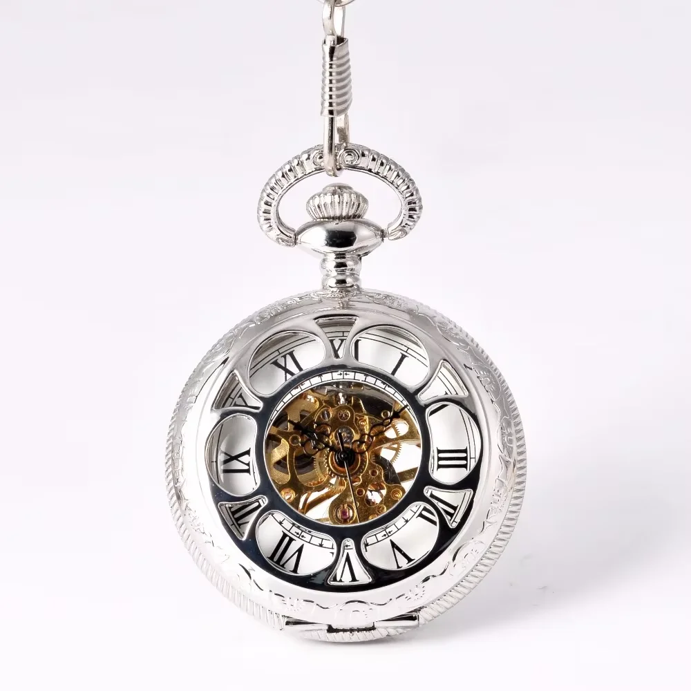

Pocket Watch Sliver Mechanical Petals Retro Fashion Simple Engraving Handmade Round Mechanical Watch Unisex