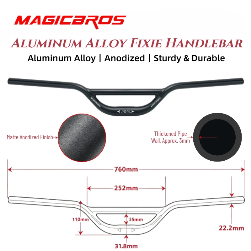 MAGICBROS 31.8x760mm Aluminum BMX Handlebar for Fixed Gear & MTB - Anodized Matte Black, Durable Welded Build Wear Resistant
