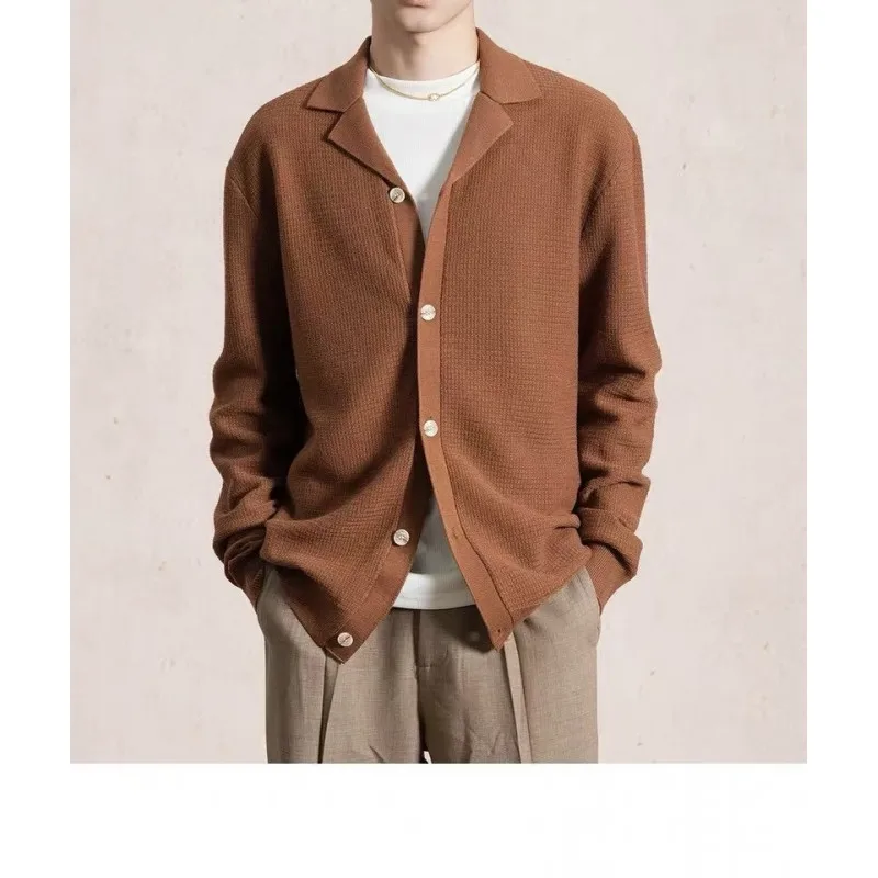 

Retro Lazy Leisure Cuban Collar Knitted Cardigan Daily Warm Autumn and Winter Solid Color Cardigan