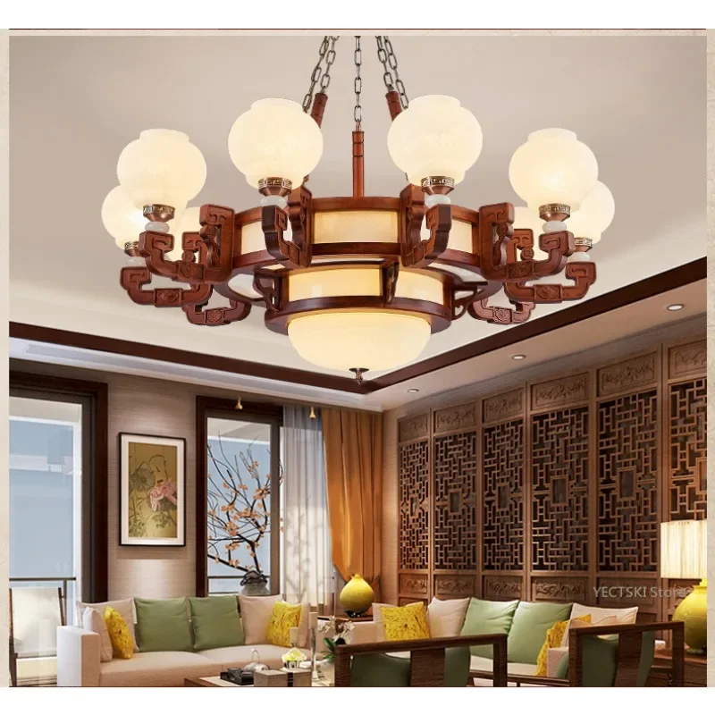 GHJUYIOL New Chinese style imitation marble solid wood carved luxury tea house villa retro living room hall light home