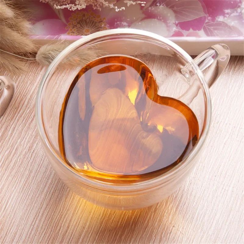 1/2pcs Heart Cup Couple Cup Double Layer Glass Insulated Clear Tea Cups with Handle for Coffee,Cappuccino, Latte, Milk Drinkware image 4