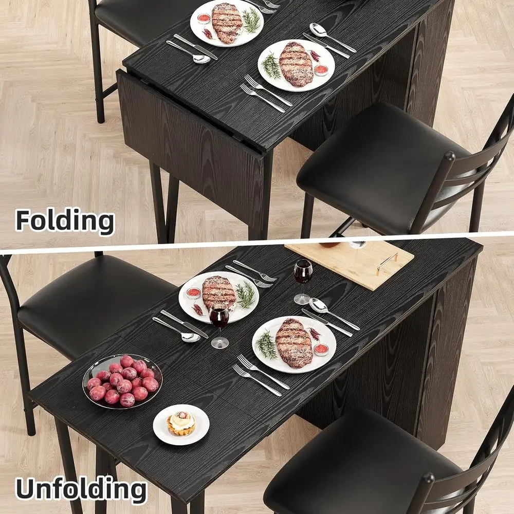 3-częściowy rozkładany zestaw stołów barowych z miejscem do przechowywania, idealny do małych przestrzeni, czarny