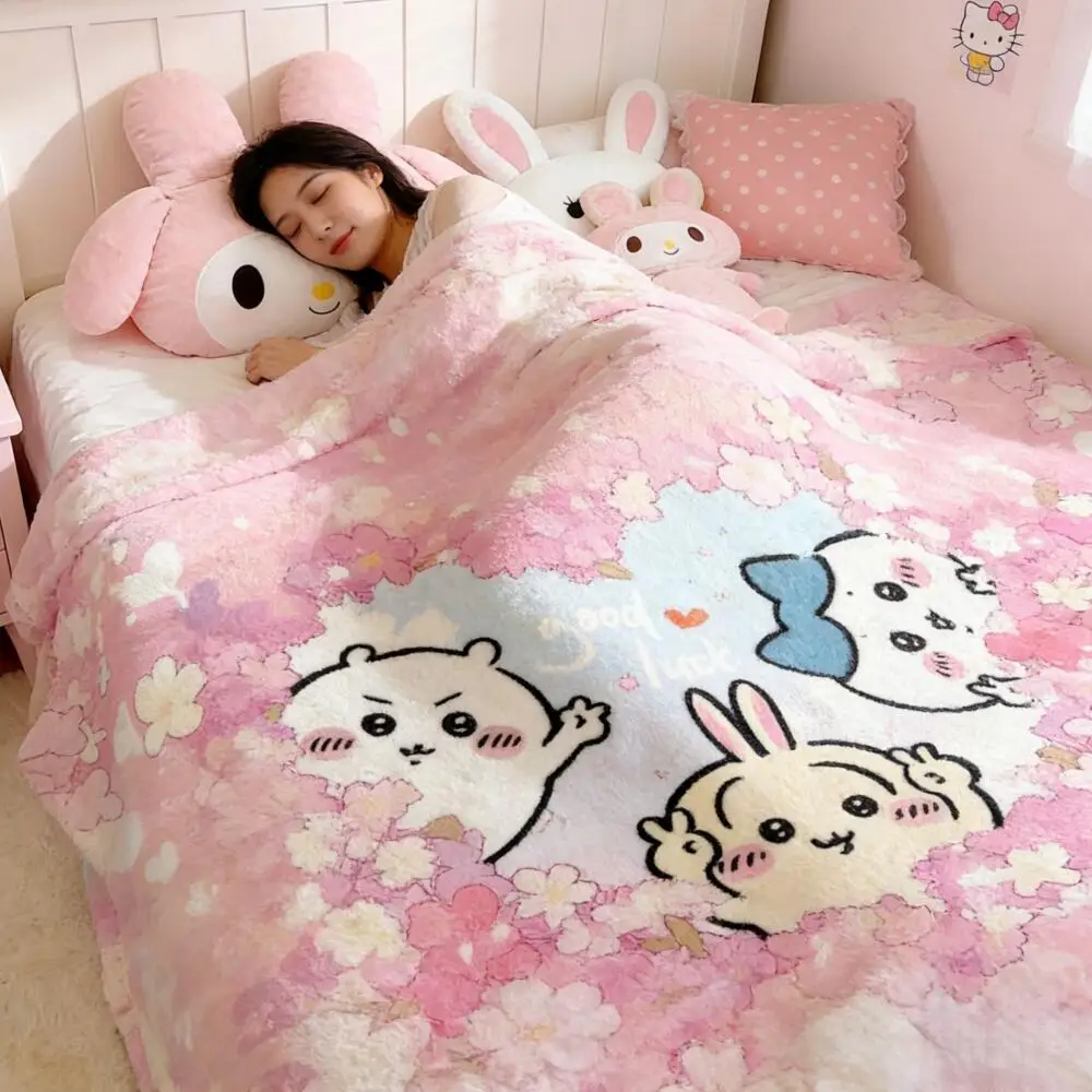 Cartoon Chiikawa Flannel Nap Blanket Cute Usagi Shawl Anime Summer Thicken Air Conditioning Blanket Student Lunch Break Blanket