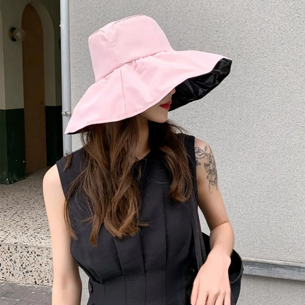 Wide Brim Sun Hat Women Anti-UV Protection Hiking Fisherman Cap Fold Summer Solid Cotton Breathable Beach Bucekt Hat